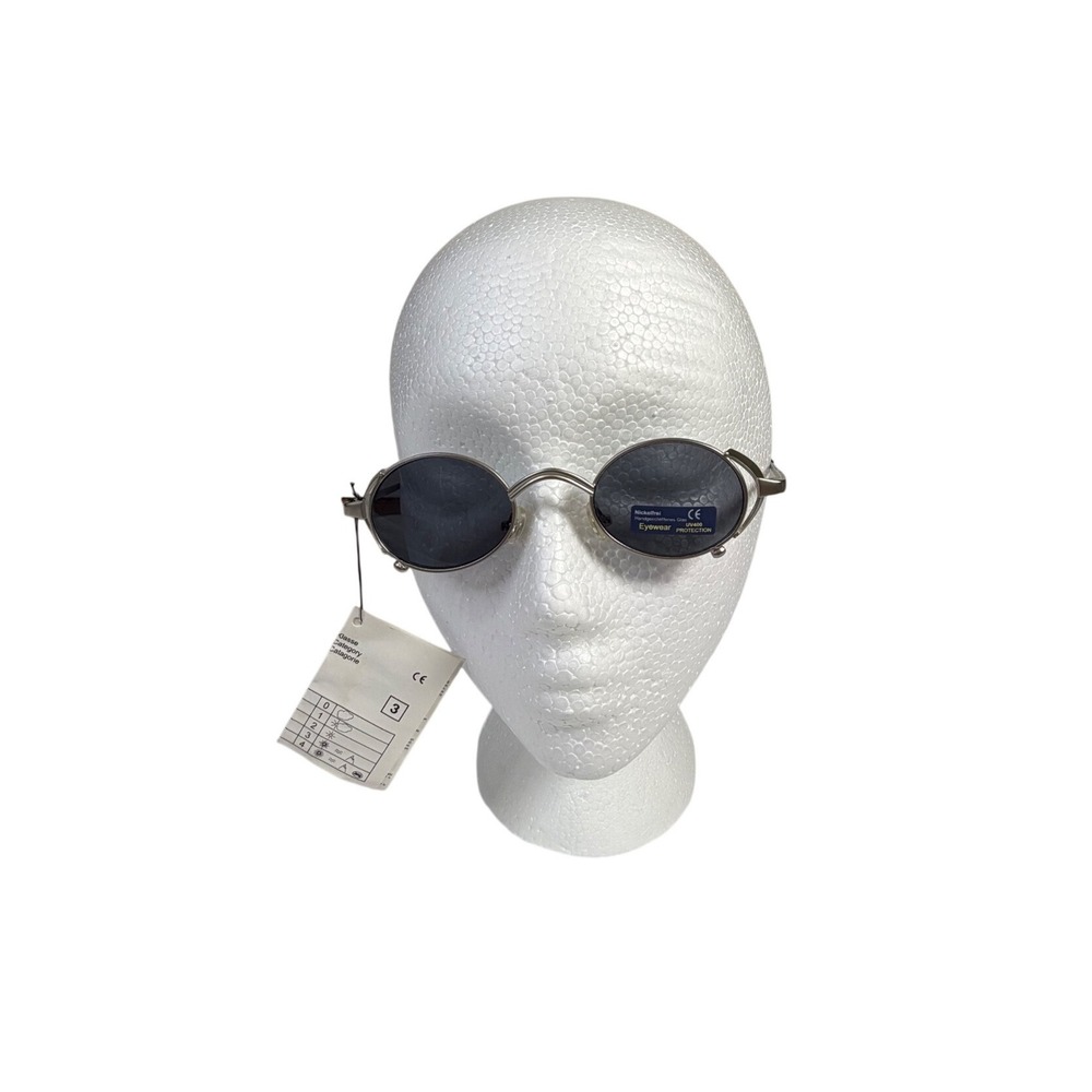 Vintage 90s Steampunk Silver Metal Wire Oval Flip Up Sunglasses Dark Grey Lenses